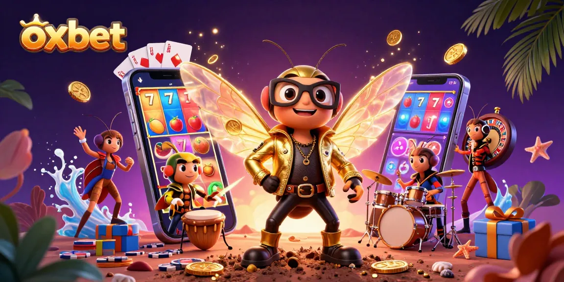 Experience the excitement of oxbet with a dynamic 3D scene of a rock star cicada and casino elements.