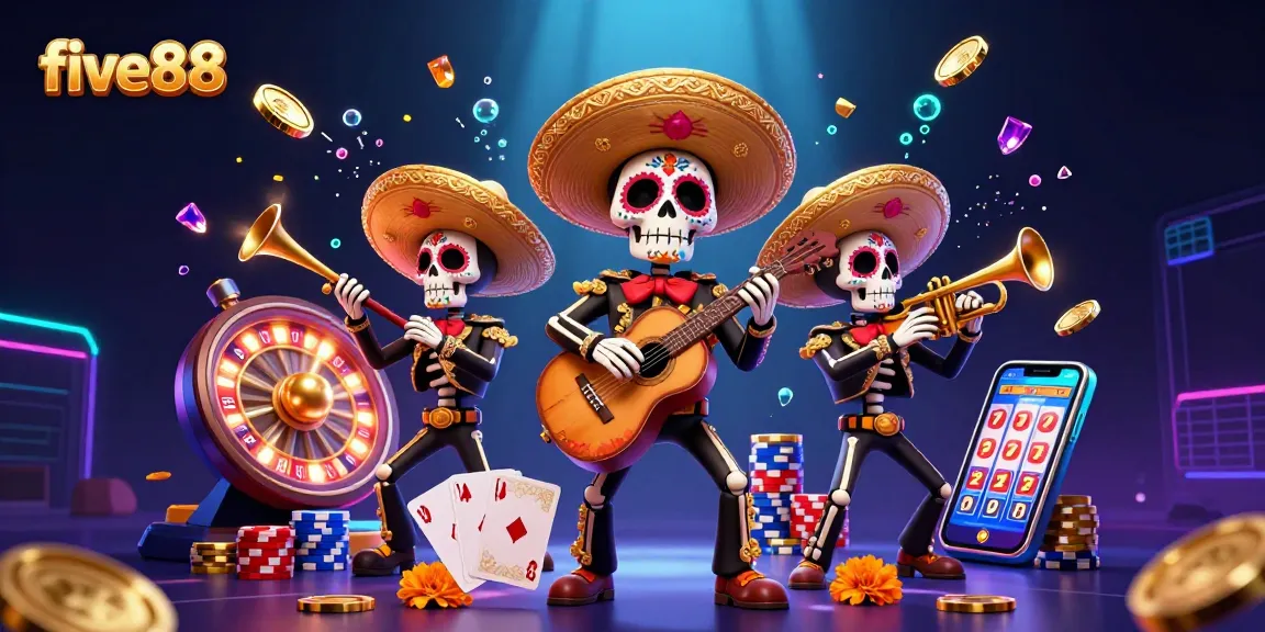 Experience the thrill of five88 with a vibrant mariachi band amidst cascading casino elements.
