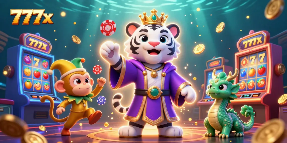 Experience the excitement of 777x slots with a stunning 3D casino scene featuring vibrant characters and game elements.
