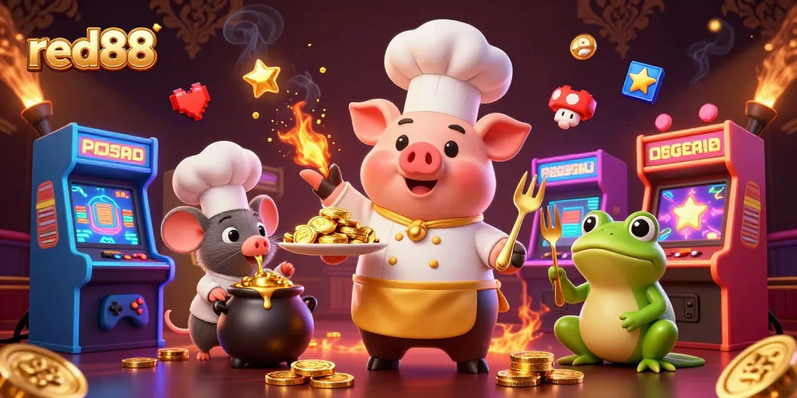 Experience excitement at red88 with a chef pig presenting gold coins, delightful gaming elements, and vibrant 3D atmosphere.